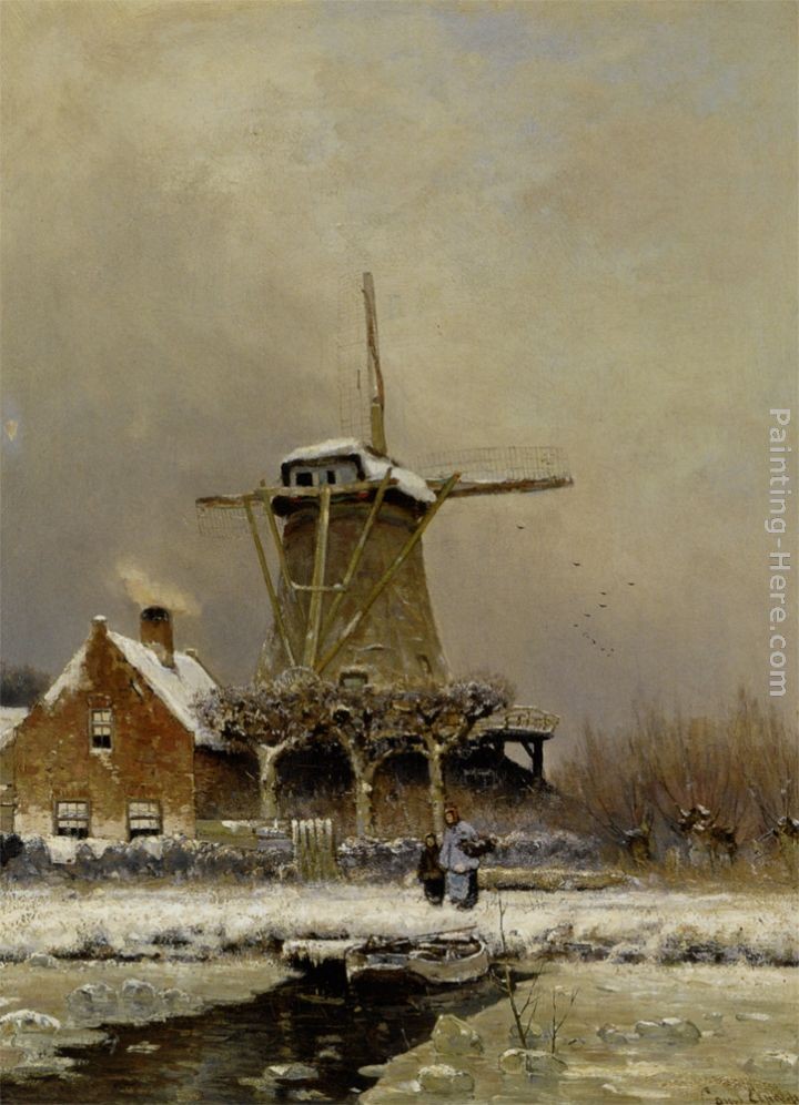 Louis Apol Figures by a windmill in a snow covered landscape
